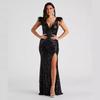 Women Black Slim Sequined Evening Banquet Party Long Dress