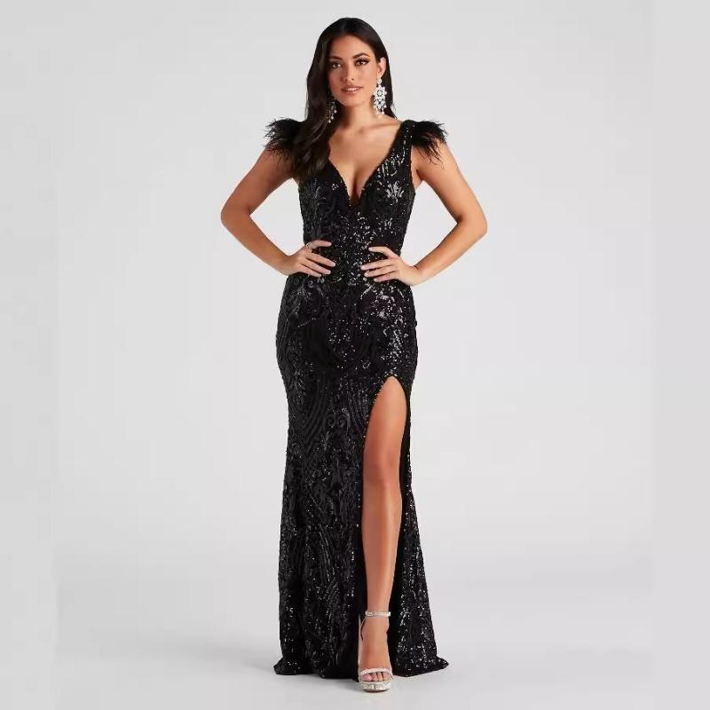 Women Black Slim Sequined Evening Banquet Party Long Dress