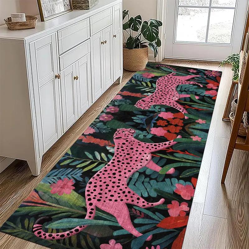Jungle Animal Pink Leopard Runner Carpet Green Tropical Leaf Long Anti Slip Floor Mat For Hallway Bedroom Entry Decor