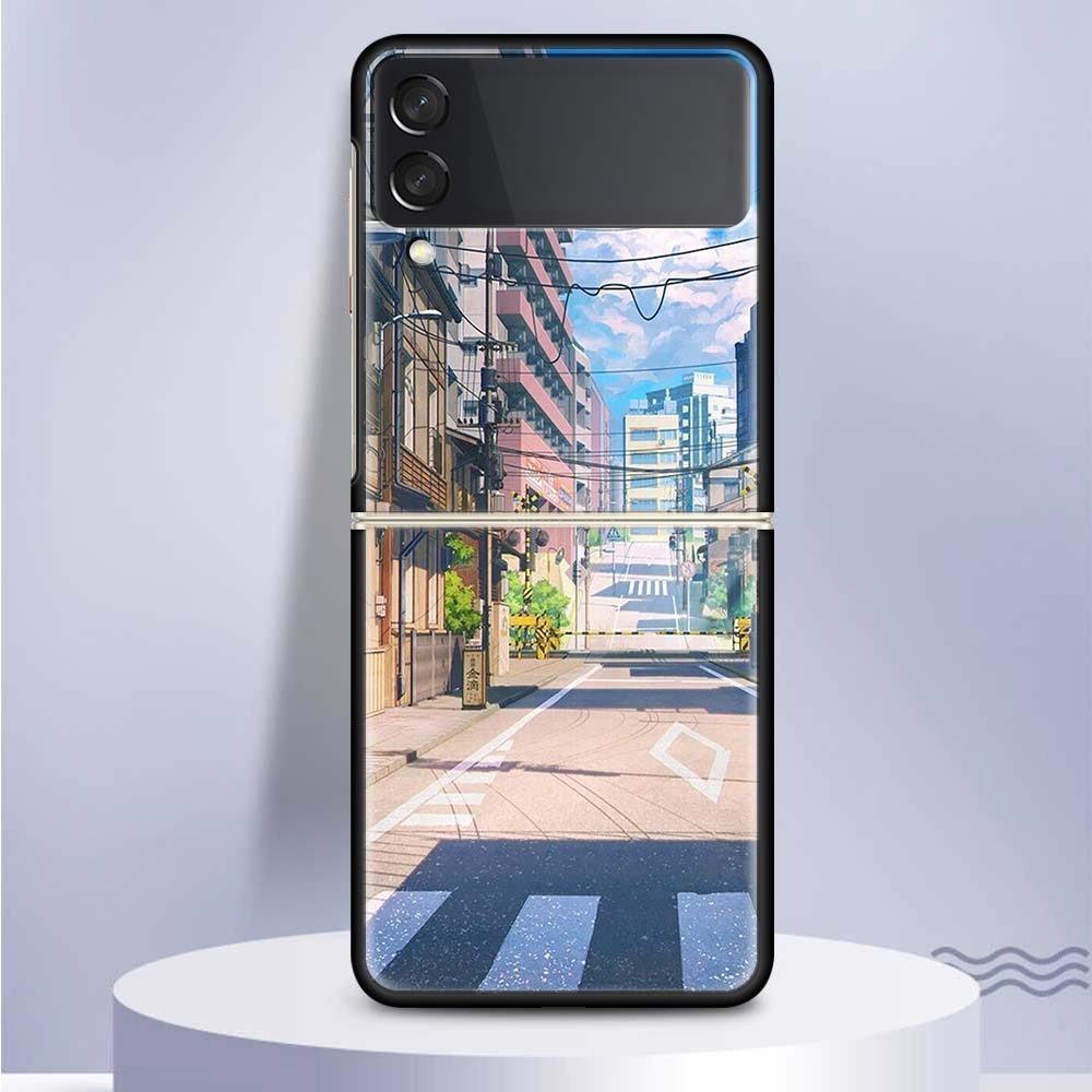 Anime Aesthetic Scenery Hard PC Clear Phone Case Cover for Samsung Galaxy Z Flip 7 6 5 4 3 5G Flip3 Flip4 Flip5 ZFlip6 ZFlip7 Bl