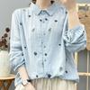 Women lapel leaf embroidery linen long sleeve shirt multi color loose casual bubble cuff button blousee