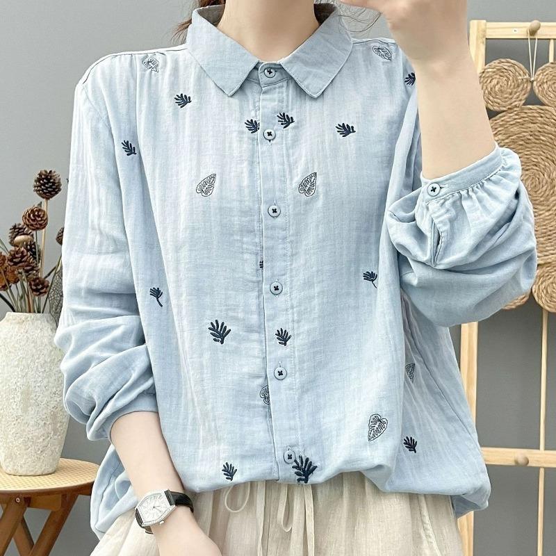 Women lapel leaf embroidery linen long sleeve shirt multi color loose casual bubble cuff button blousee