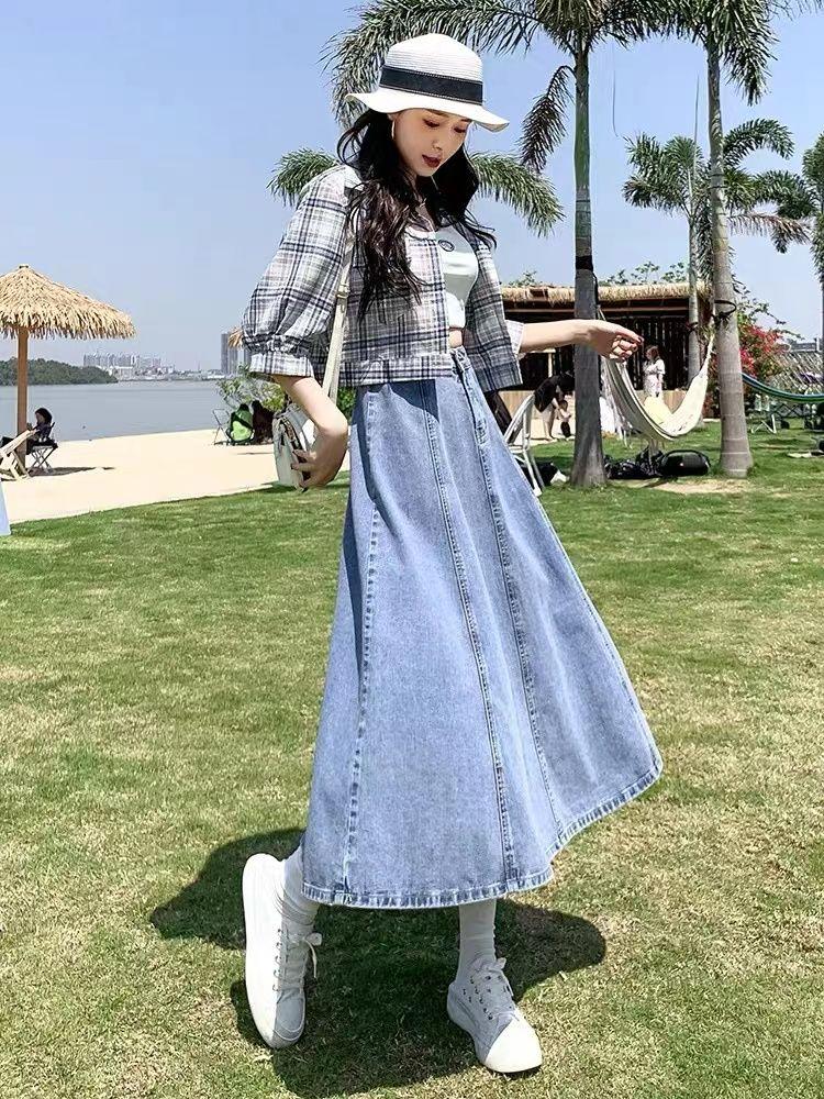 Women's Long Denim A-Line Pleated Skirt Summer Mid-Length, High Waist, Casual and Versatile