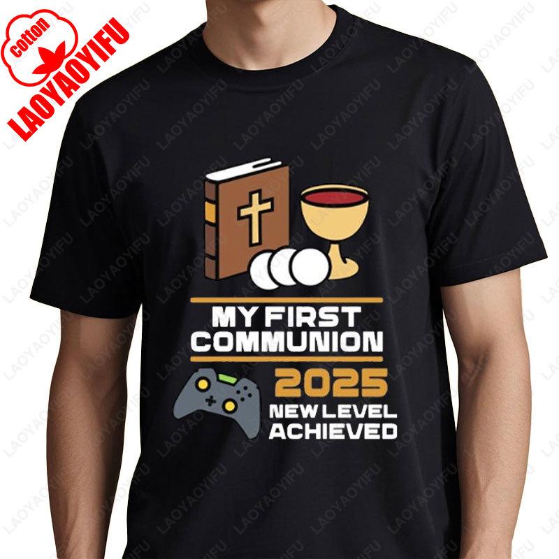 My 1st First Communion 2025 New Level Achieved Controller Video Game TShirt Summer Retro Trend Cool Street Men Tees Cotton Tops S