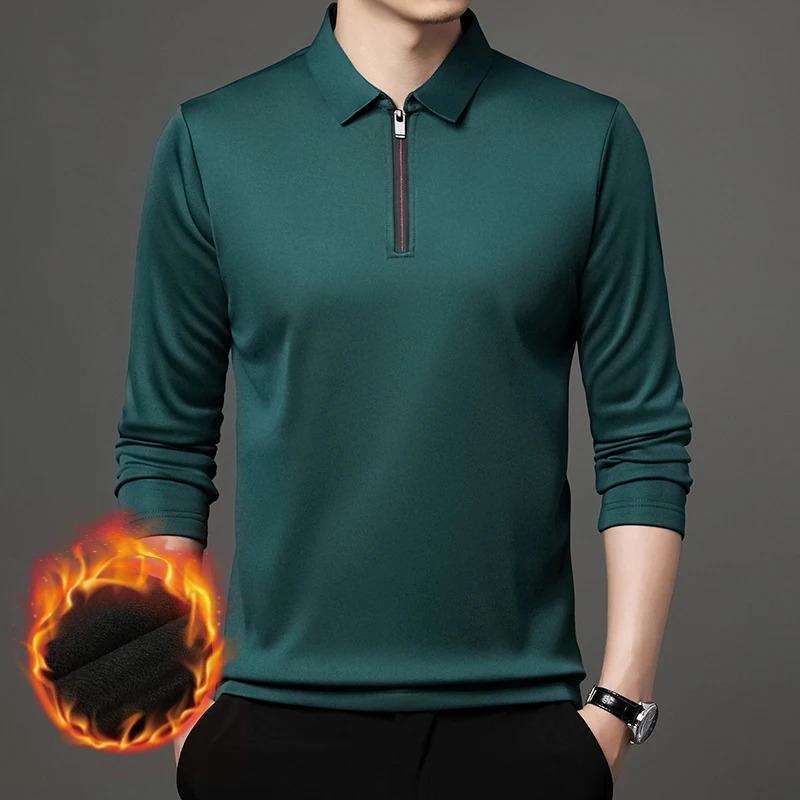 New T Shirt Zipper Polo Shirt Male Fashion Turn-Down Collar Long Sleeve Business Men Clothes