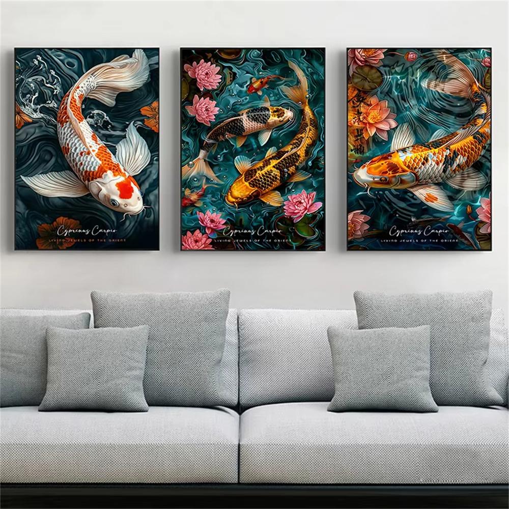 DIY Diamond Painting Retro Chinese Style Red Koi Lucky Carp Luxury Fish Calligraphy Embroidery Cross Stitch Kit Living Room Home Art Wall Decor