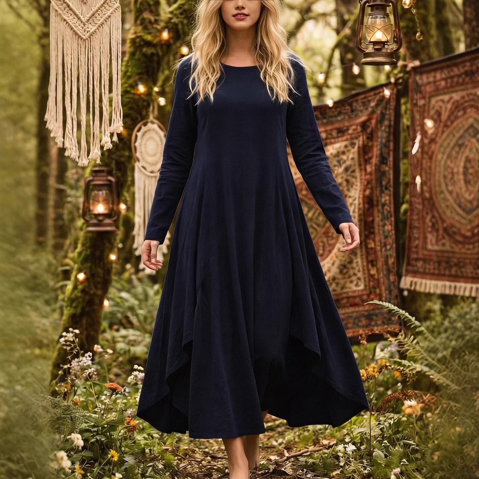 

Women s Fashion Color R-neck Long Sleeve Dress XL Темно-синій