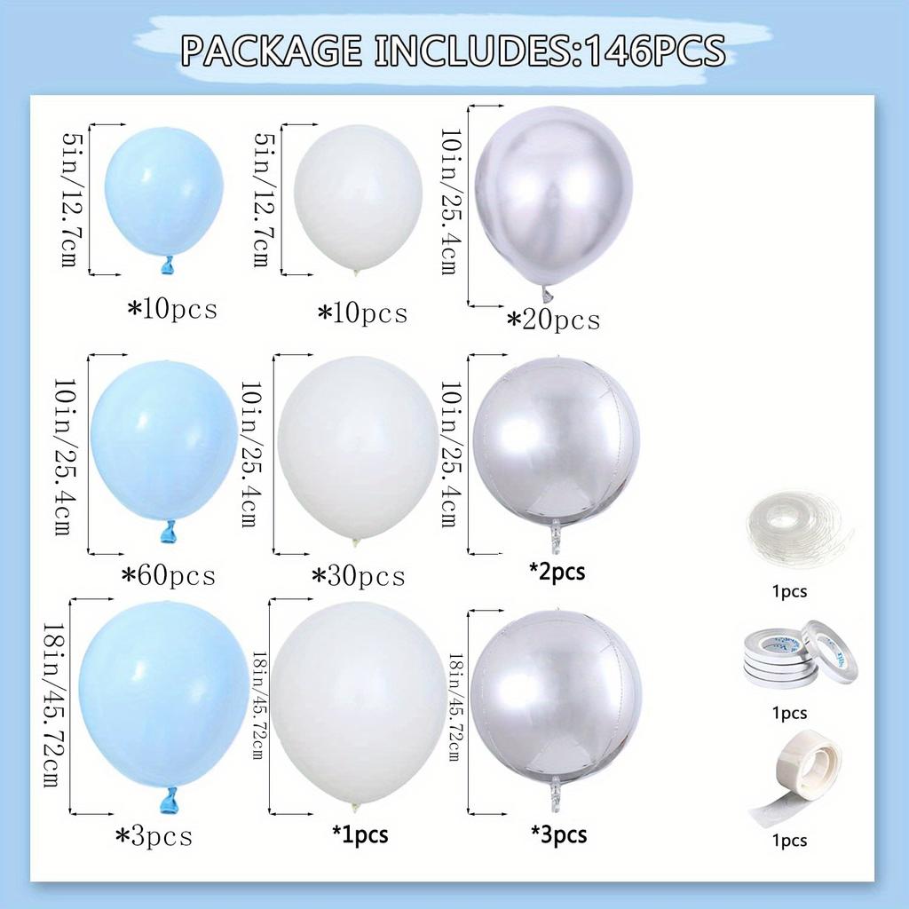 142pcs Blue White Silver Balloon Arch Set, Suitable for Twinkle Twinkle Little Star Party, Birthday Party, Wedding Decoration