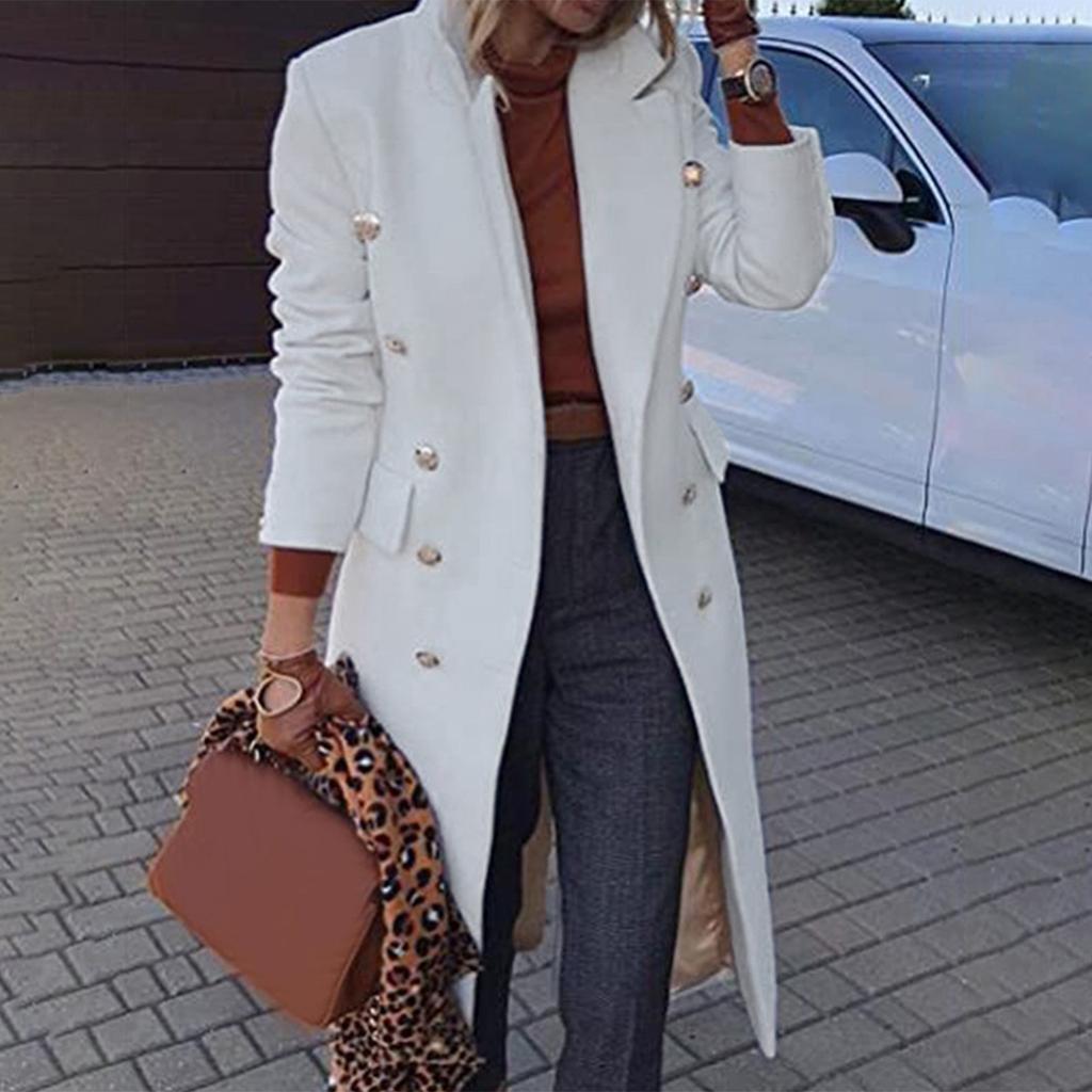 Moda Donna Nuovo Cappotto di Lana a Maniche Lunghe con Revers Monocolore Medio e Lungo