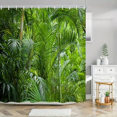 Tropical Green Plant Shower Curtain - Natural Jungle Scenery, Polyester, Washable, Includes Hooks for Bathroom Decor
