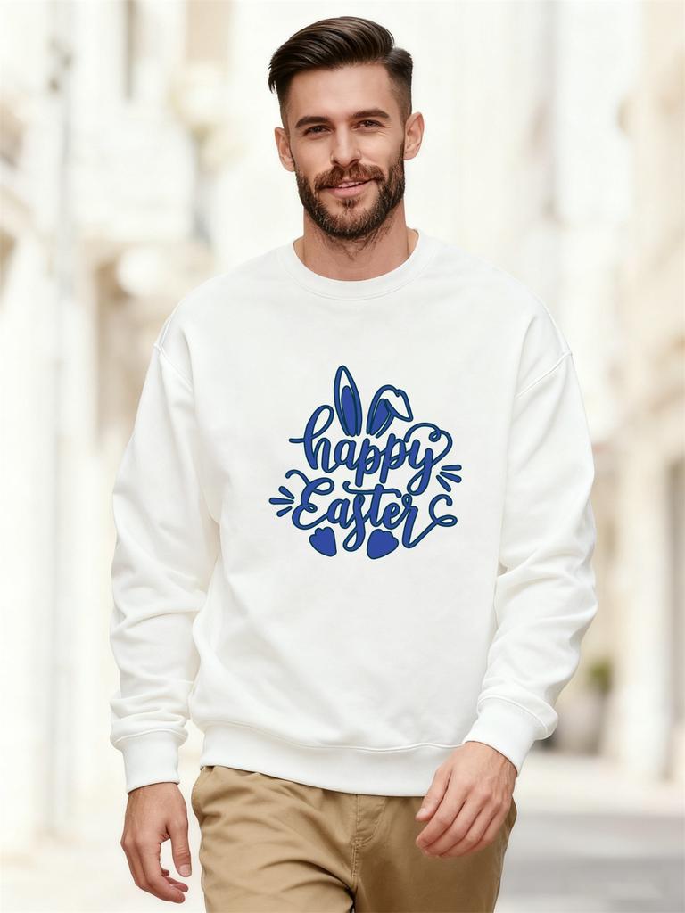 Men'S Casual Round-Neck Sweatshirt with a Happy Easter Design 100% Cotton Printed Long-Sleeve Crew Neck Pullover