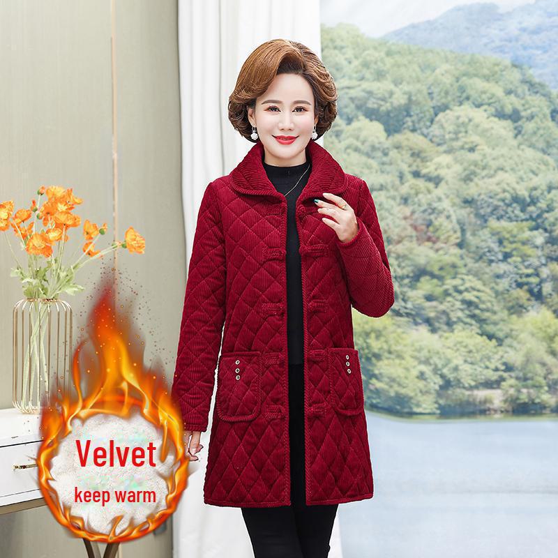 Corduroy Cotton Lapel Coat for Middle-Aged & Elderly Women - Warm, Thickened, Medium-Long Winter Jacket