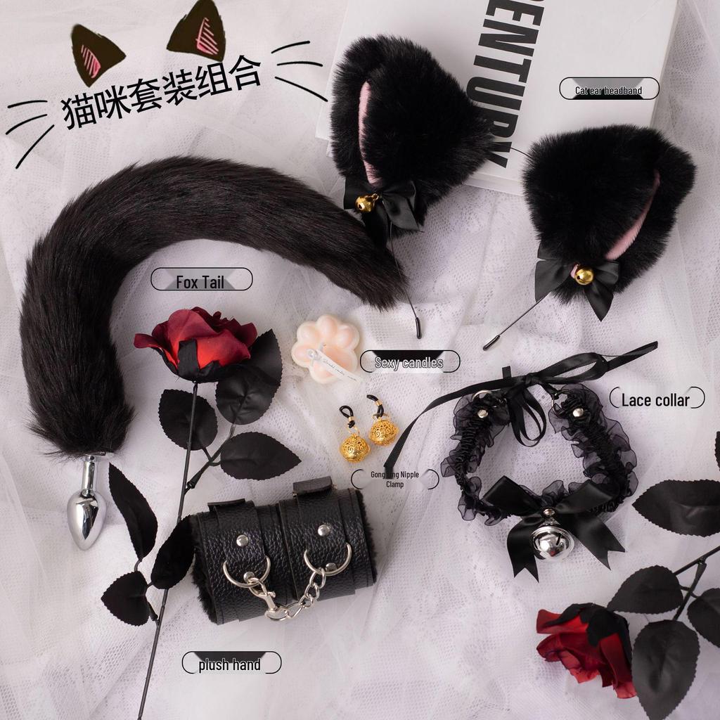 SM Erotic Kitten Restraint Set: Tail Plug, Collar, Cuffs, Nipple Clamps