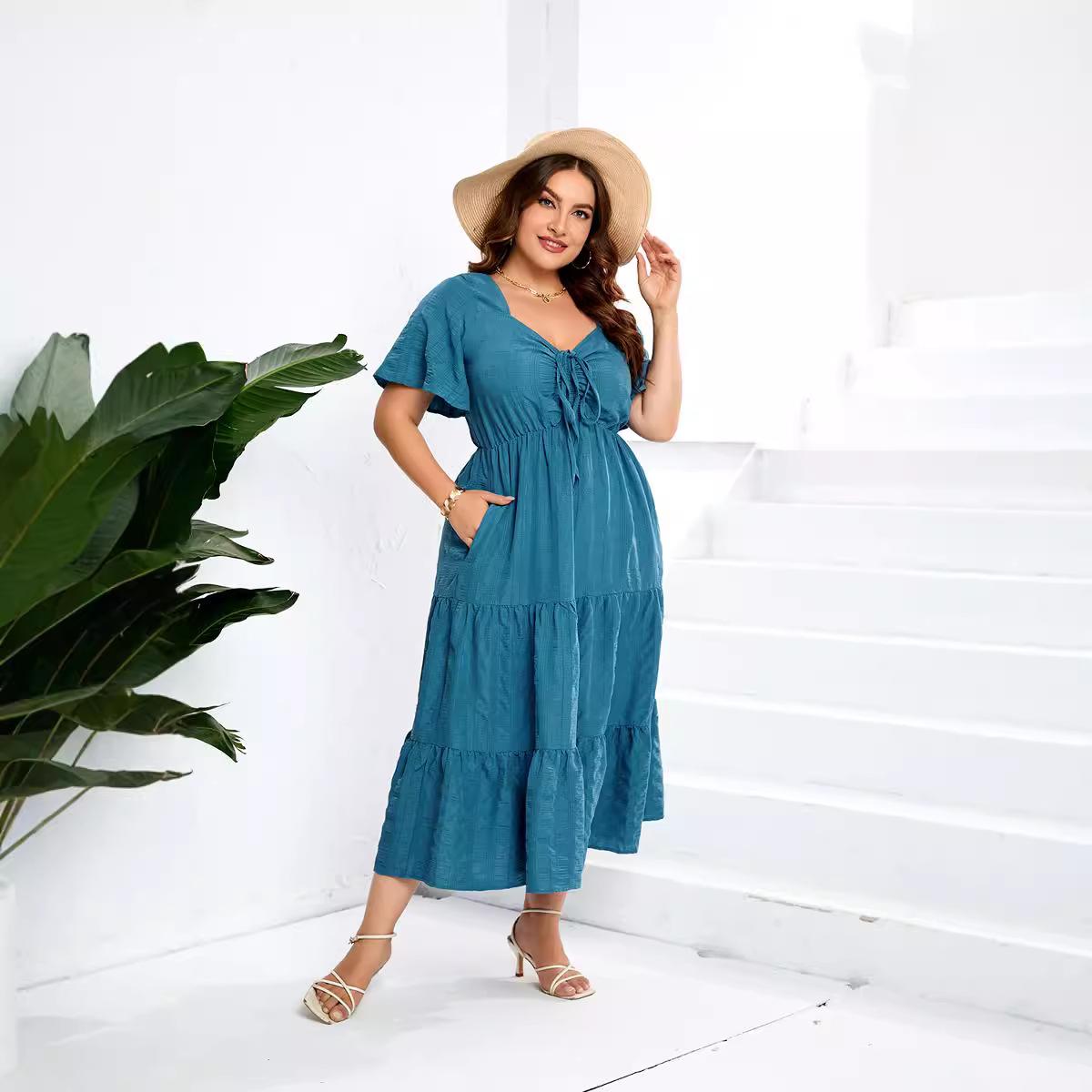 

Женское платье с V-образным вырезом, многоярусными оборками и завязками, летнее платье с коротким рукавом XL синий