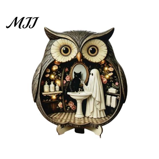 Wooden Halloween Figurine Owl Tabletop Centerpiece, 2D Flat Pumpkin Ghost Bat with Ghosts Decoration Skeleton Standing Table Sign for Party,