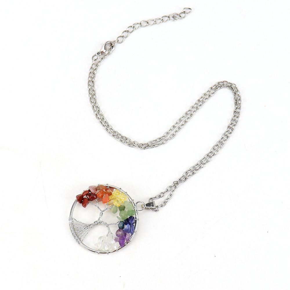 Silver Hand-Wound Colorful Crystal Gravel Tree Root Tree Of Life Pendant Necklace N112