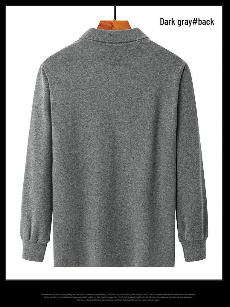 Men's Thick Cotton Long-Sleeve Dad T-Shirt for Spring/Autumn - Loose Fit, Solid Color, Lapel, Real Pocket, Casual Wear for Middle-Aged Men.