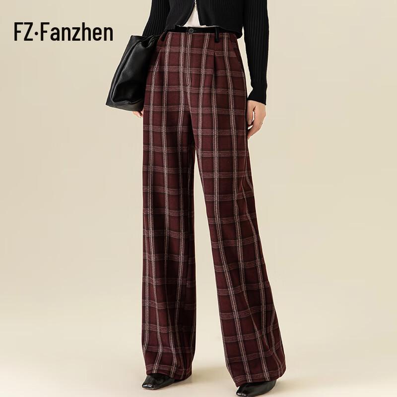 

Женские осенне-зимние ретро шерстяные брюки Fanzhen в клетку с широкими штанинами 29