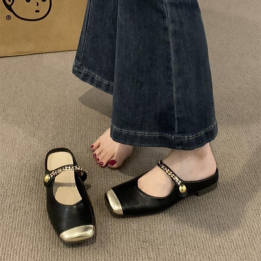Xiaoxiangfeng bag head half slippers outer wear women's shoes 2024 new chain word belt summer skirt single shoes