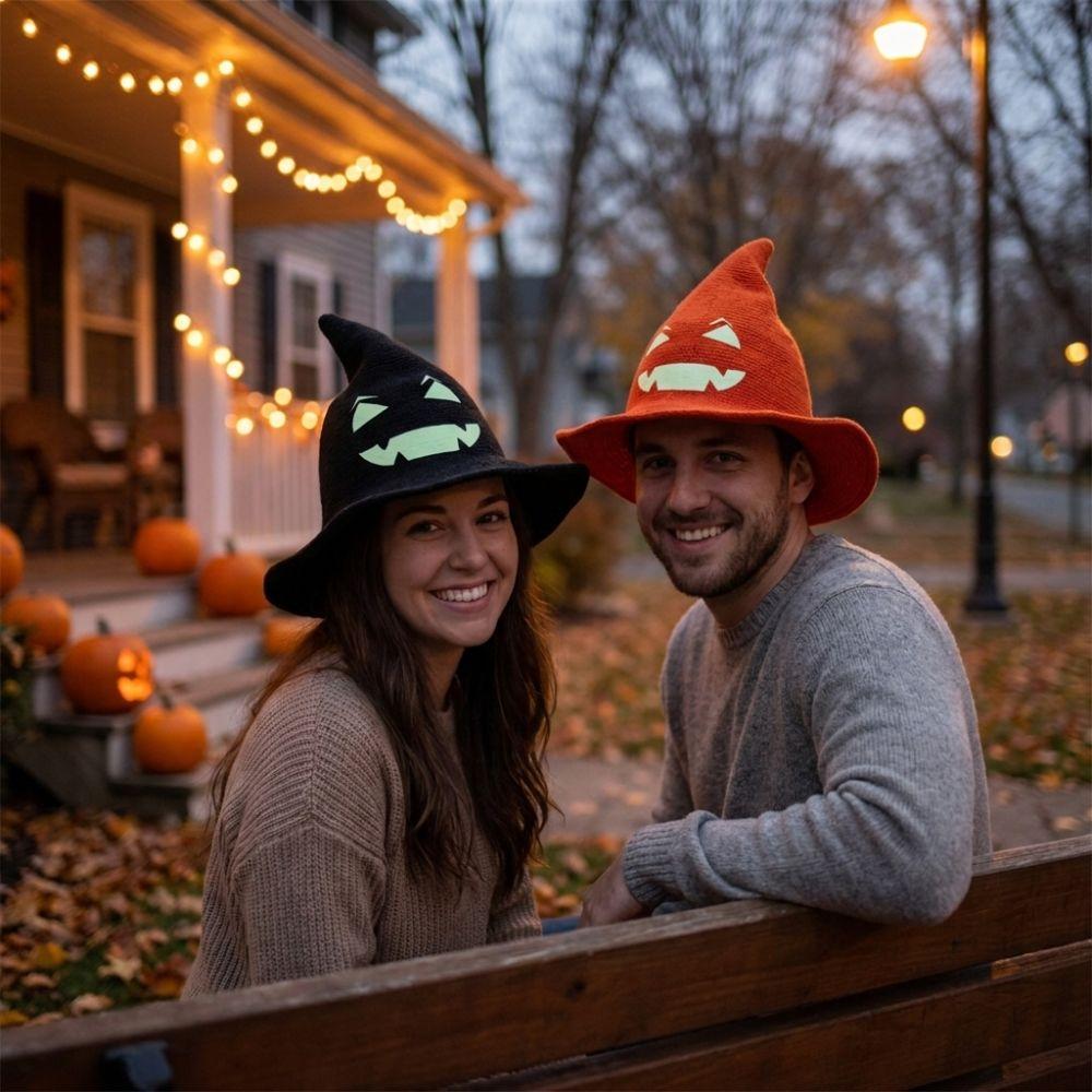 Personality Glow Knit Halloween Witch Hat Wide Brim Dark Style Pointed Wizard Hat Novelty Gothic Halloween Costume Hat Cosplay