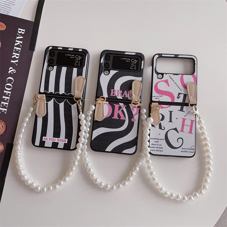 Applicable To Samsung ZFlip3 Folding Screen Mobile Phone Case, Zebra Pattern Pearl Lanyard Zflip4 Portable Wristband Protective Case