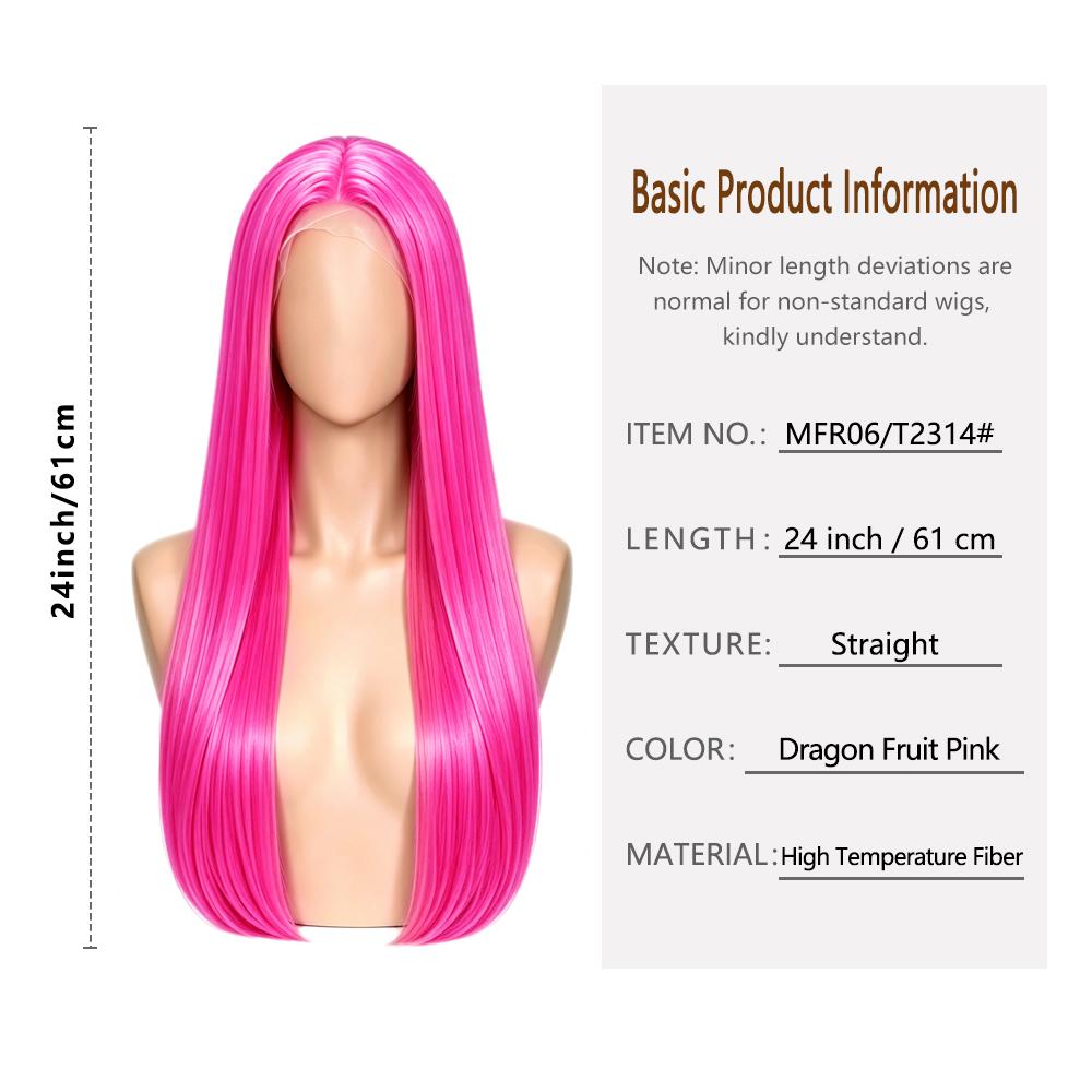 13x4 Pre‑Plucked Glueless Lace Front Wig, 24" Long Straight Dragon Fruit Pink Heat‑Resistant Synthetic Wig for Daily Cosplay Fashion