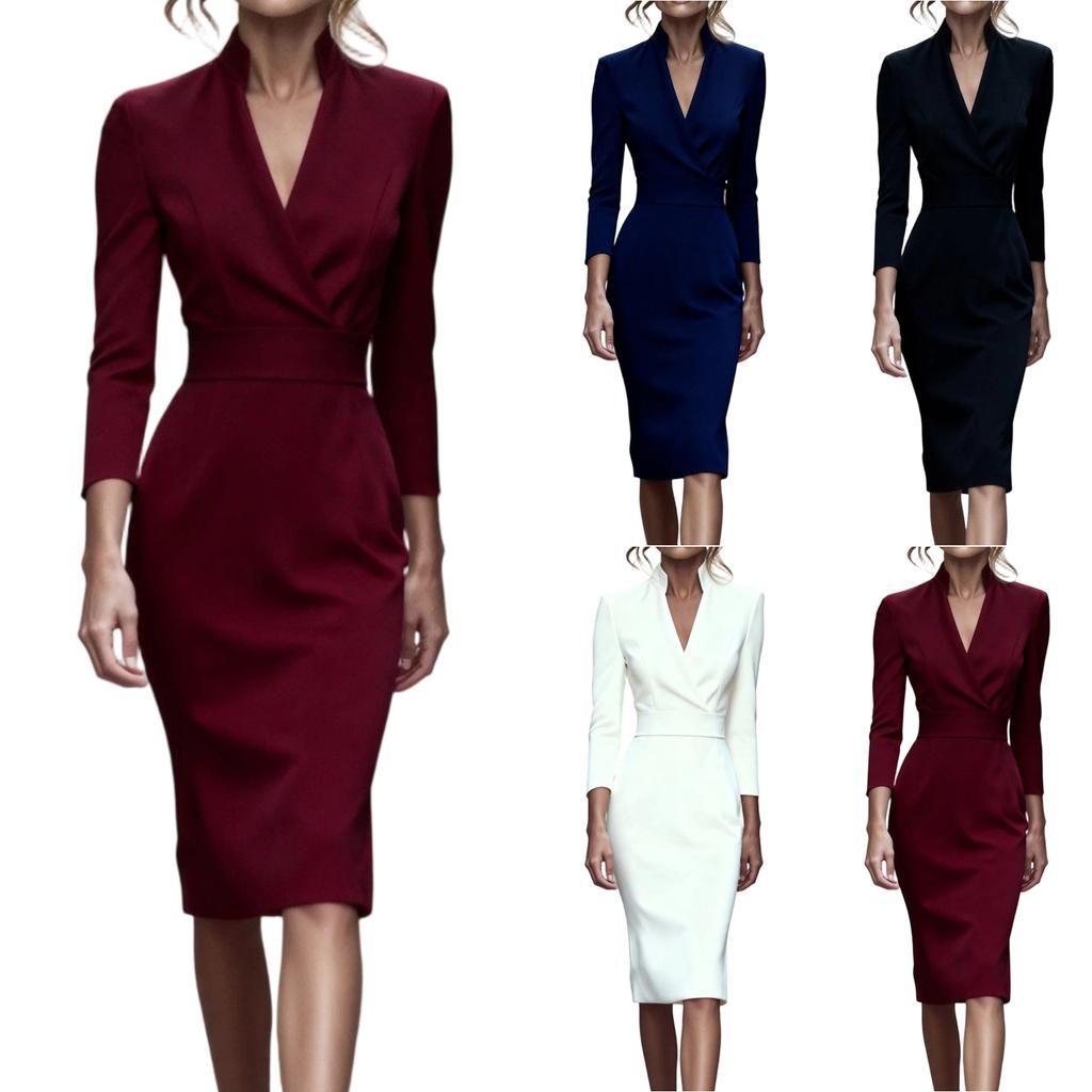 Women's Fashionable Workwear -Colour Waist-Defining Slimming V-Neck Bodycon Midi Dress