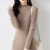 Slimming Mid-length Dress for Women Half Turtleneck Knitted Dress Solid Color A-line Sweater Dress for Autumn and Winter