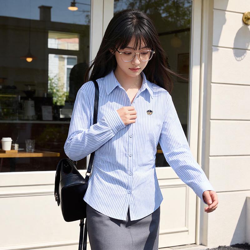 SPAO Women's Korean Style Striped Button-Down Shirt with Bear Embroidery