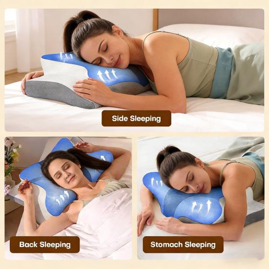 Orthopedic Contour Neck Pillow Ergonomic Memory Foam Sleeping Pillow Breathable Neck Support Pillow with Center Hole for Pain Relief Side Back or