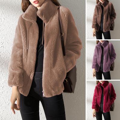 Lady Winter Coat Stand Collar Neck Protection Double-sided Thicken Plush Solid Color Long Sleeves Zipper Closure Cardigan Daily Commute Travel Jacket