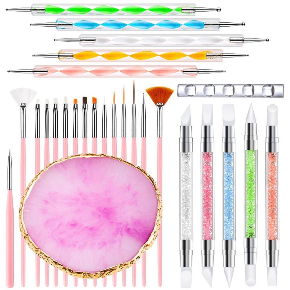 21/27PCS Manicure Tools Nail Art Brush Set with Resin Palette Nail Sculpture Pen Dotting Pen for DIY Nail Art