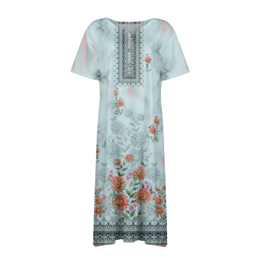 Women's Summer Casual Printed V-Neck Short-Sleeve Swing Dress