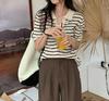 Women's Knitted Ice Silk Striped V-Neck Short Sleeve T-Shirt, Hong Kong Style, Summer 2025 Korean Fashion