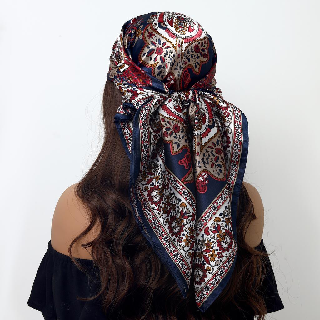 Fashion Square Silk Scarf Women Headband 90*90cm Print Neck Scarfs Office Hair Band Hand Kerchief Female Bandana Headwear