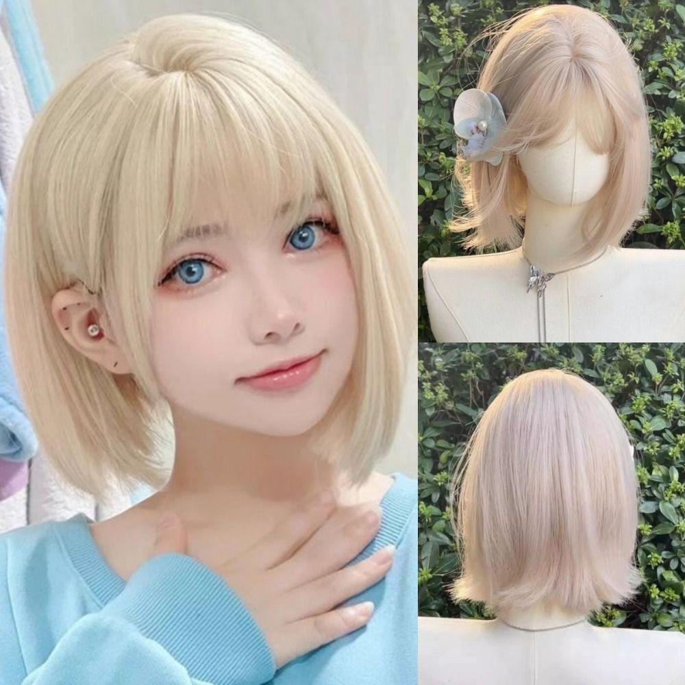 Lolita Short Bobo Hair Hair Extension Synthetic Wigs with Bangs Blond Anime Cosplay Wigs  Daily