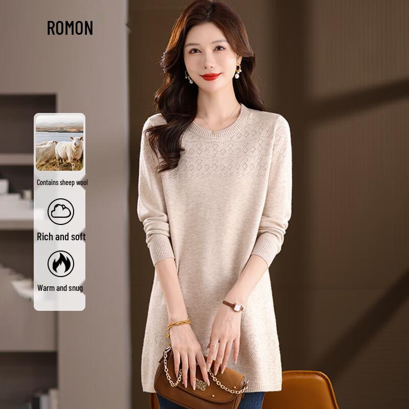 Luomen Women's Wool Blend Long Sleeve Round Neck Midi Knit Dress