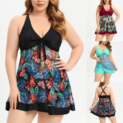 Plus Size Women's Swimsuit Floral Front Tie High Waist Boxer Spa Bikini Set Beachwear Bathing Suits