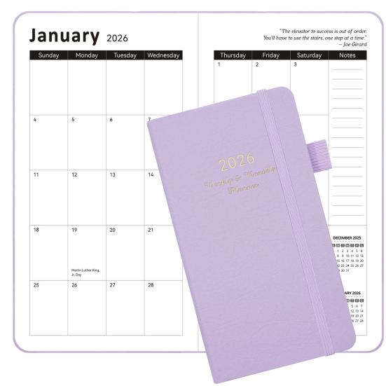 Yousheng 2026 Pocket Planner with Elastic Strap Pen Loop Ribbon Bookmark Weekly Monthly Academic Planner 12 Months Schedule Management Hardcover