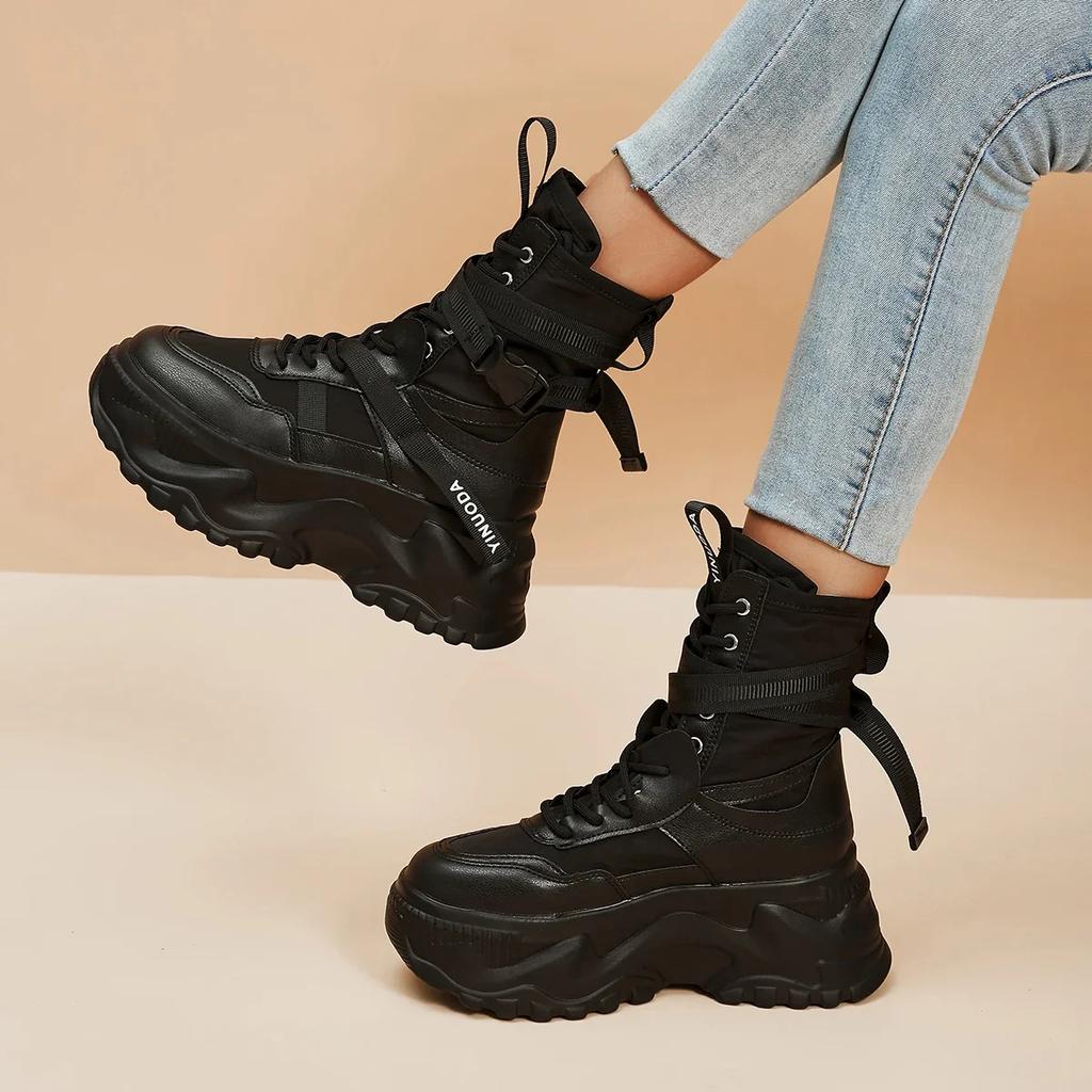 Chunky Platform Black Motorcycle Boots Thick Bottom Lace Up Vulcanized Shoes Woman Autumn Winter  Ankle Botas De Mujer