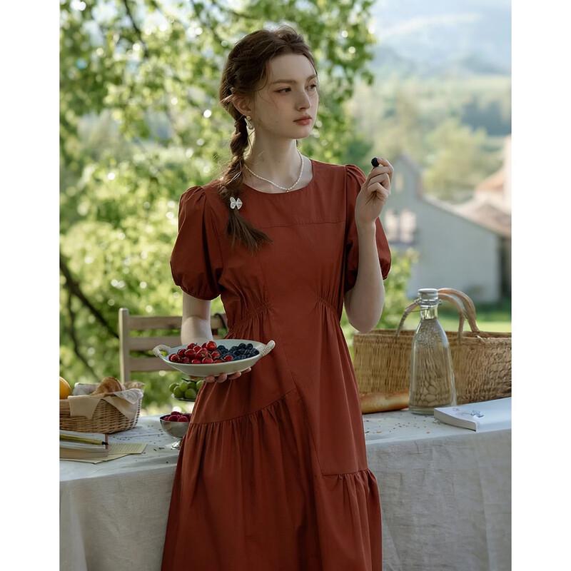 Women s French Style Pure Cotton Pleated A-Line Midi Dress with Puff Sleeves S