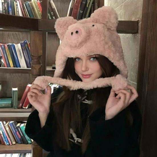 Winter Hat Cartoon Pig Shape Soft Plush Thermal Insulation Hat Autumn Winter Thickened Warm Ear Protection Hat Headwear