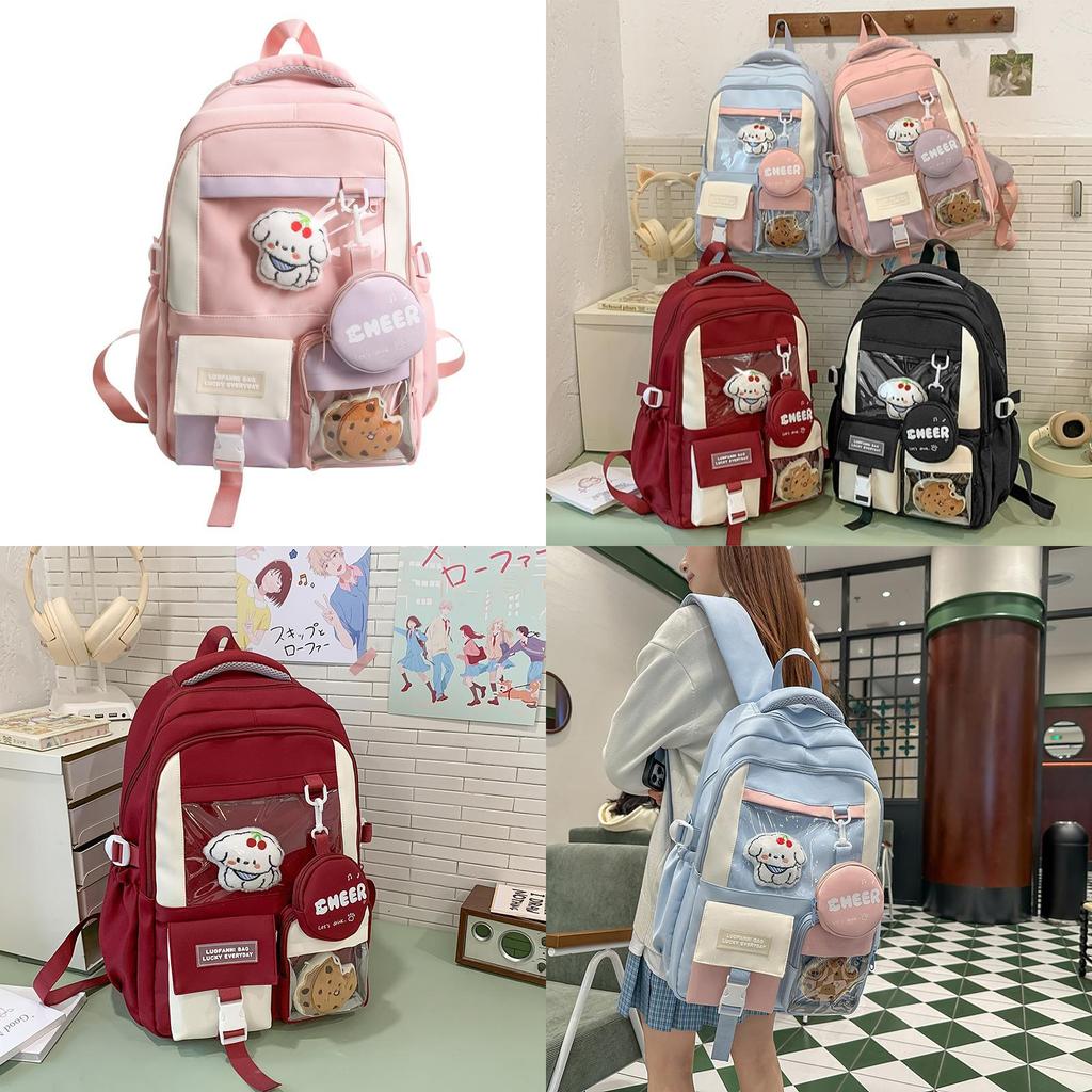 Girls Cute Nylon Backpack With Color Blocked Letter Pattern For School And Daily Use