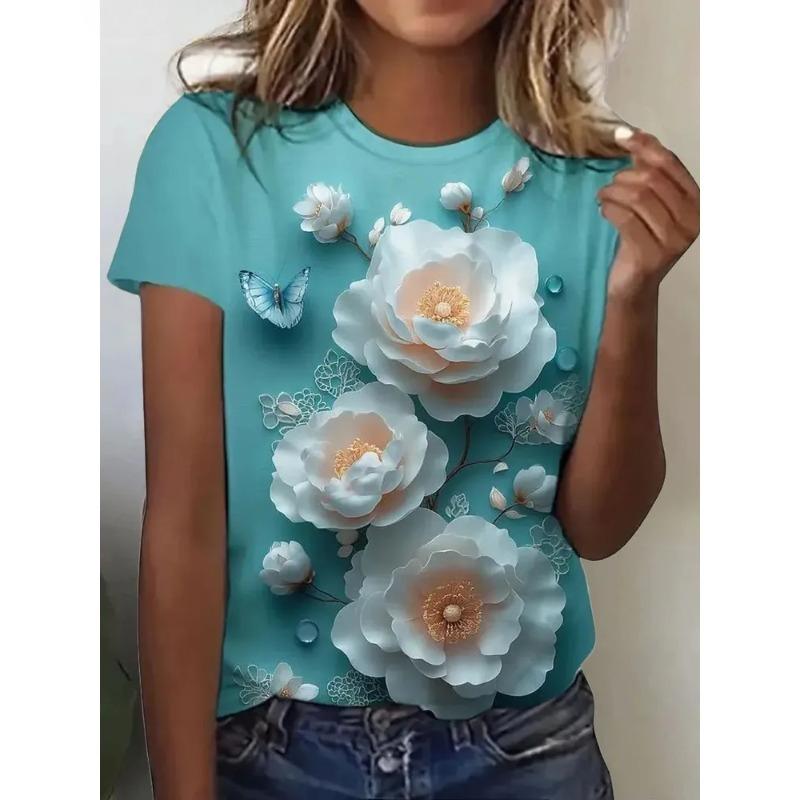 Summer Short Sleeved Loose Casual Women's T-shirt Beautiful Flower Pattern Fashionable Daily Comfortable T-shirt