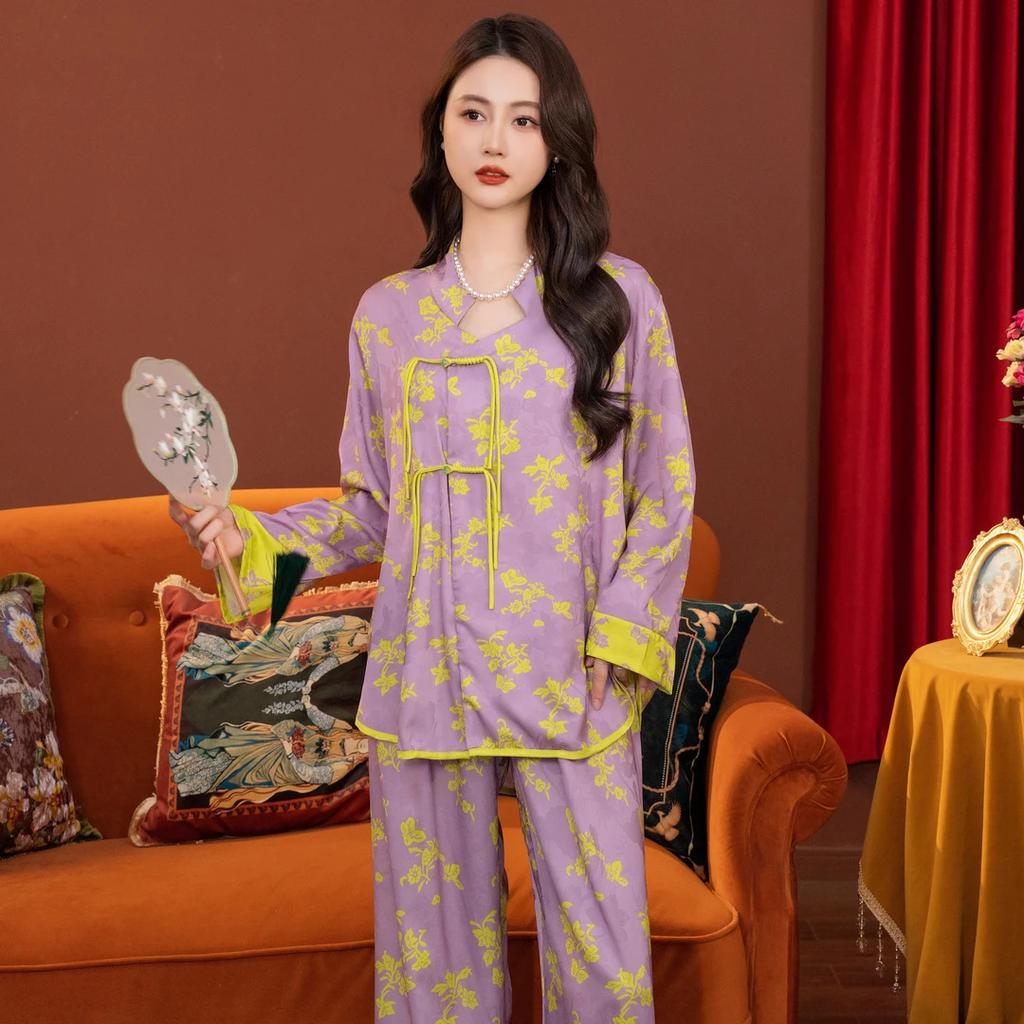 Da Vinci password 1011 spring and summer ice silk pajamas women's simulated silk loungewear can be worn outside the new Chinese style