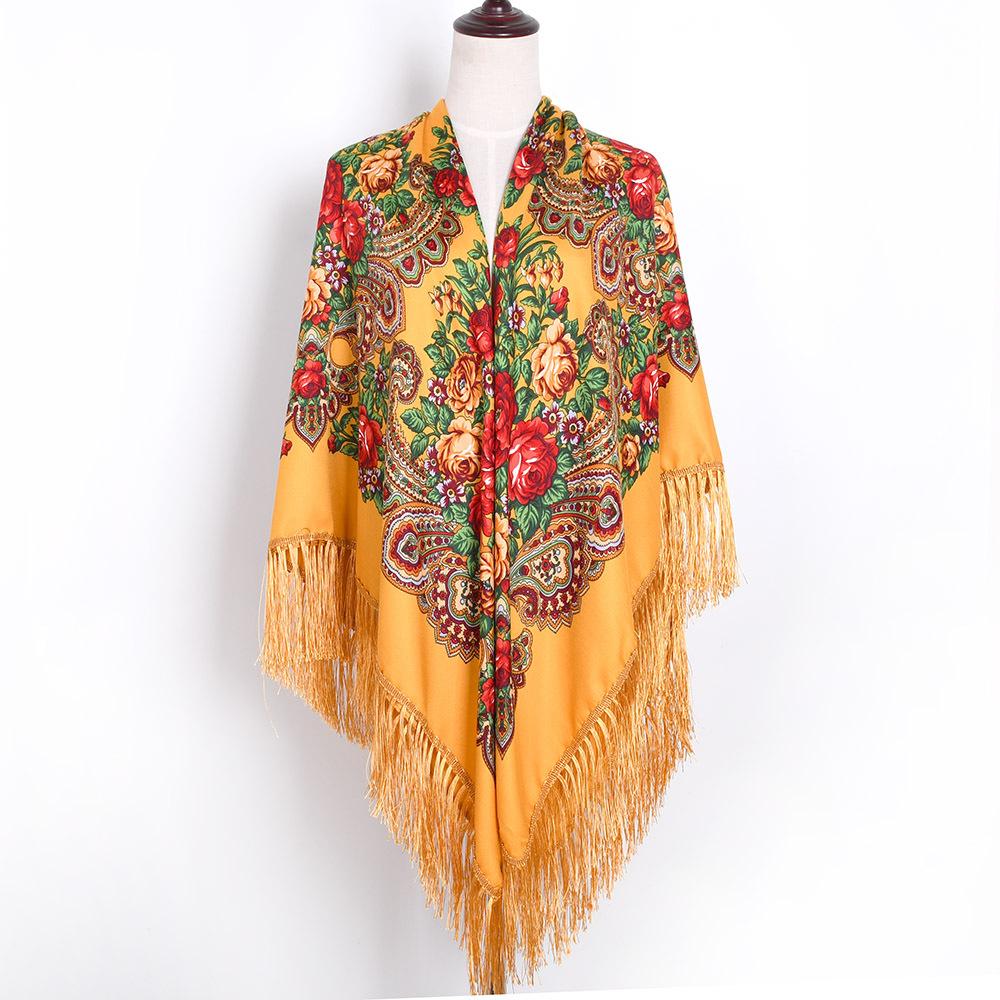 160*160Cm Women Russian National Scarf Lady Tassel Floral Print Headscarf Wraps Babushka Bandana Beach Travel Shade Shawls