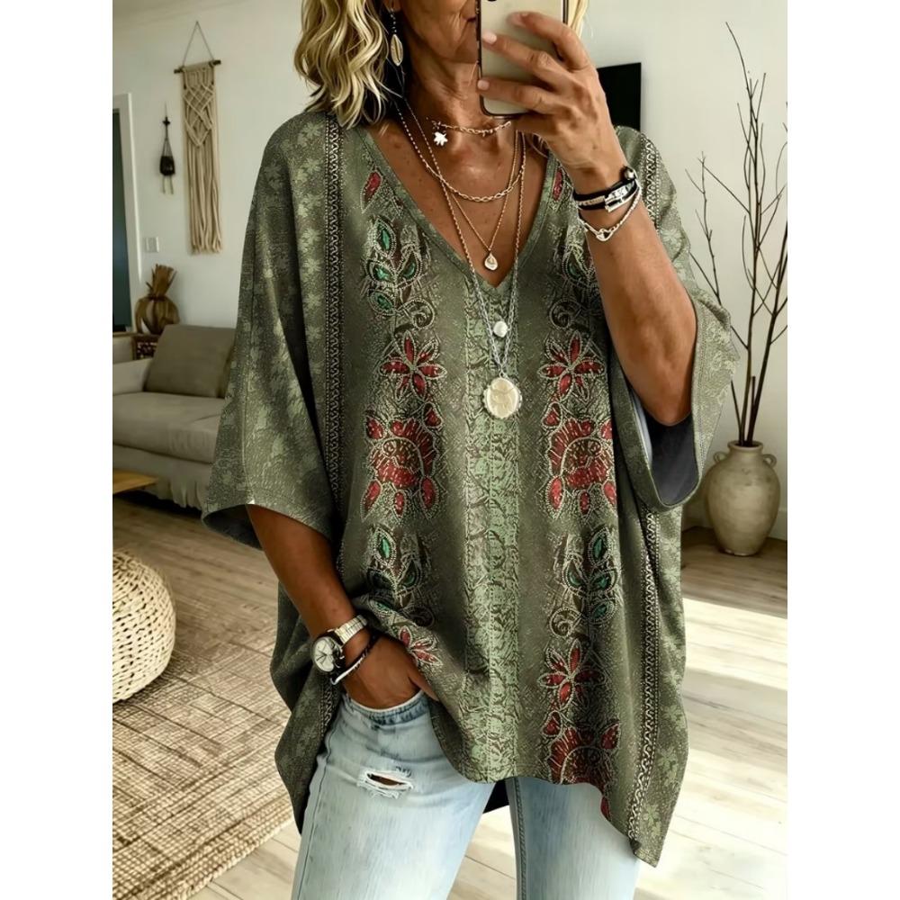 Women's Large Size V-neck Top, Elegant and Comfortable, Simple Pattern Print Large Size Women's V-neck T-shirt