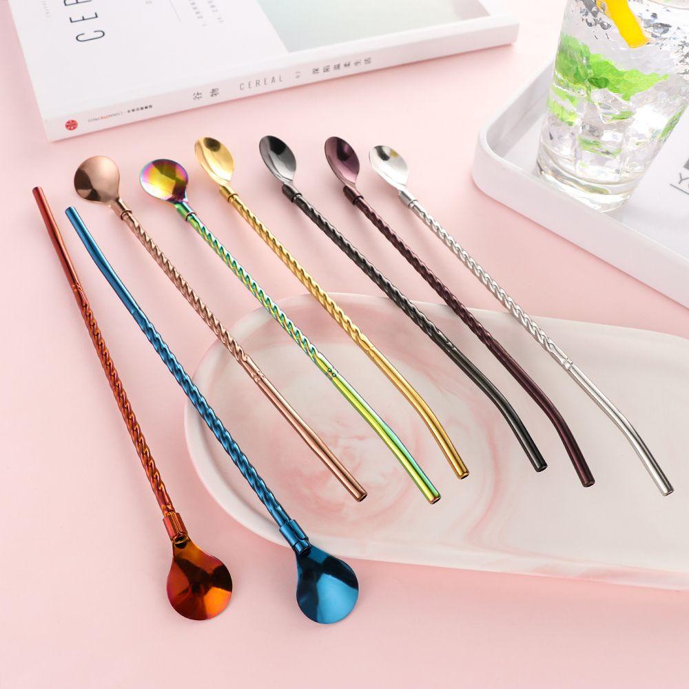 New Bar Tea Reusable Bent Filter Straws Spoon Coffee Spoons Stainless Steel Drinking Straw