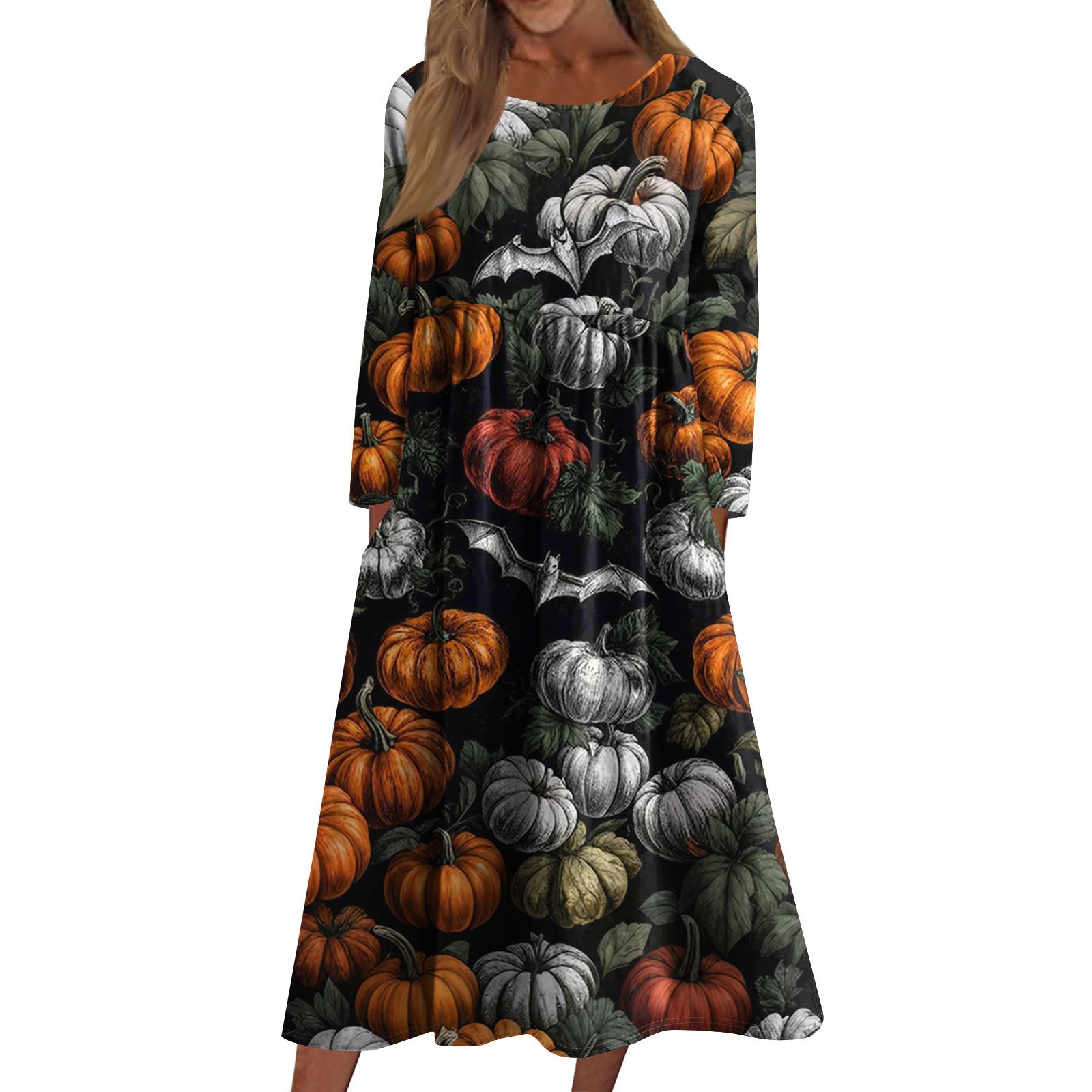 

Женское повседневное платье средней длины с круглым вырезом и принтом Хэллоуина, платье средней длины с длинными рукавами и карманом S