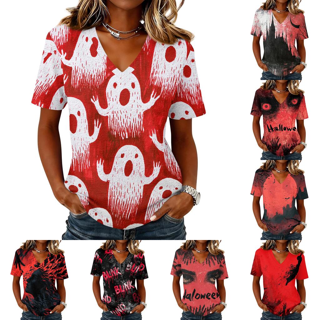 Womens Halloween Print V Neck Pullover Top Short Sleeve Casual Shirt Lightweight Comfortable Fit